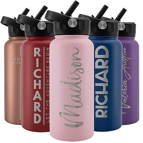 Amazing Items Personalized Water Bottle W Straw  Lid, 32 Oz - Pink  Custom Stainless Steel Sports Water Bottle W Name And Text -